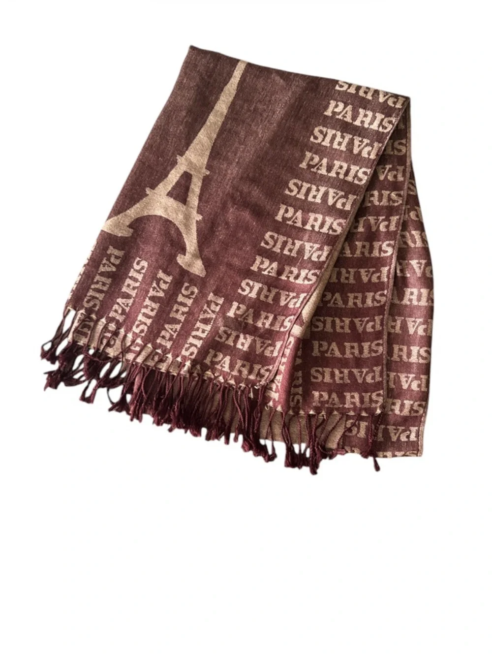 Paris Eiffel Tower Brown Camel Fringe Wrap Scarf Shawl Size OS
